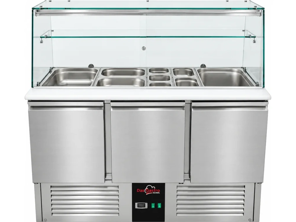 Chladící saladeta - 1 370 x 700 mm - se 3 dvířky a skleněnou nástavbou se světlem