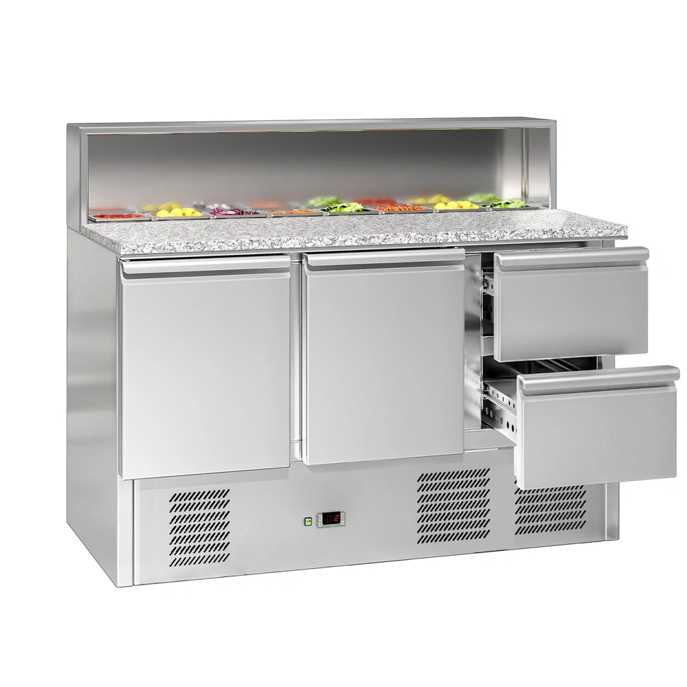 Saladeta ECO - 1368 mm - 2 dveře & 2 zásuvky - s nerezovým krytem pro 8x GN 1/6 - žulová pracovní deska
