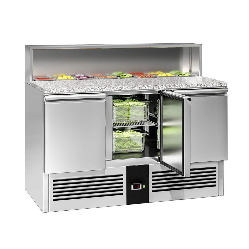 Saladeta PREMIUM - 1368 mm - 3 dveře - s nerezovým krytem pro 8x GN 1/6 - žulová pracovní deska