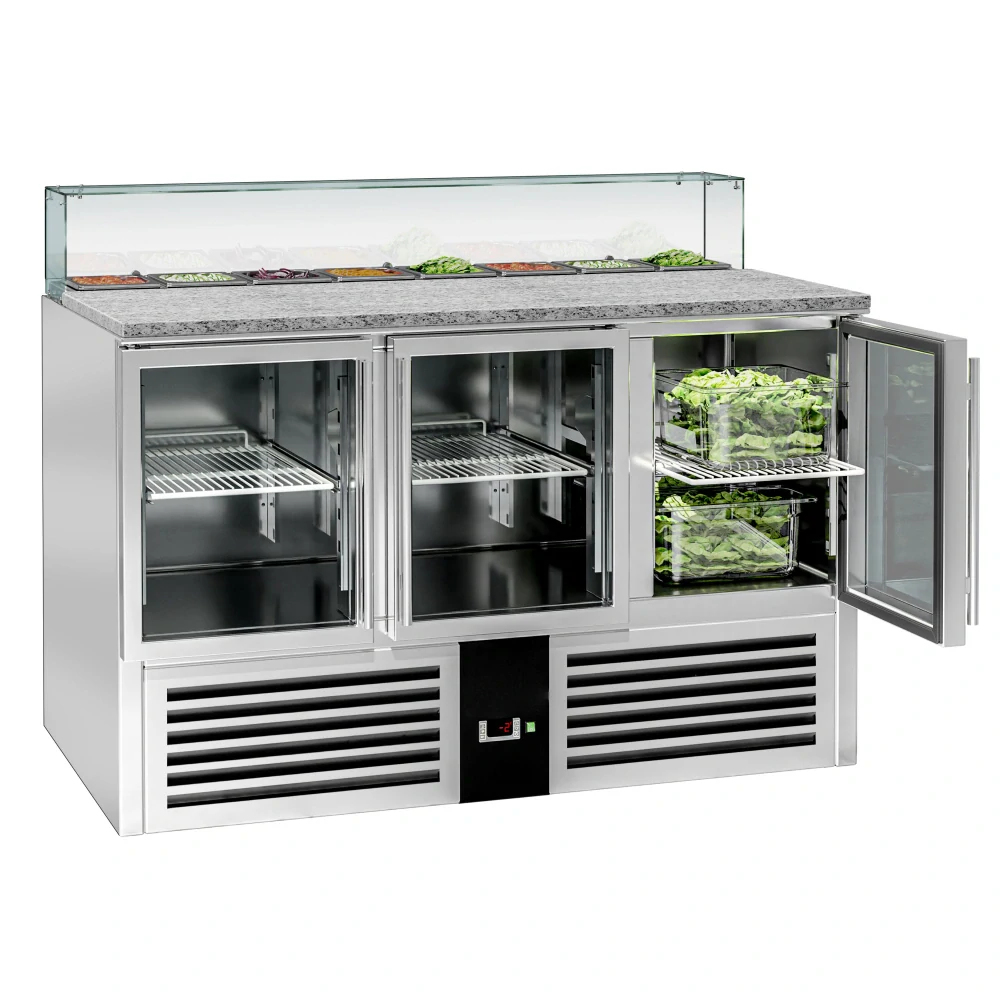 Saladeta PREMIUM - 1368 mm - 3 skleněné dveře - se skleněným nástavcem pro 8x GN 1/6 - pro CZ