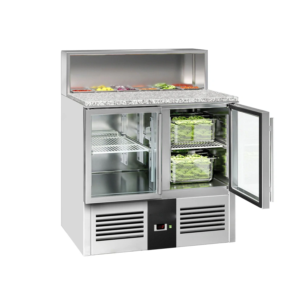 Saladeta PREMIUM - 903 mm - 2 skleněné dveře - s nerezovým krytem pro 5x GN 1/6 - žulová pracovní deska