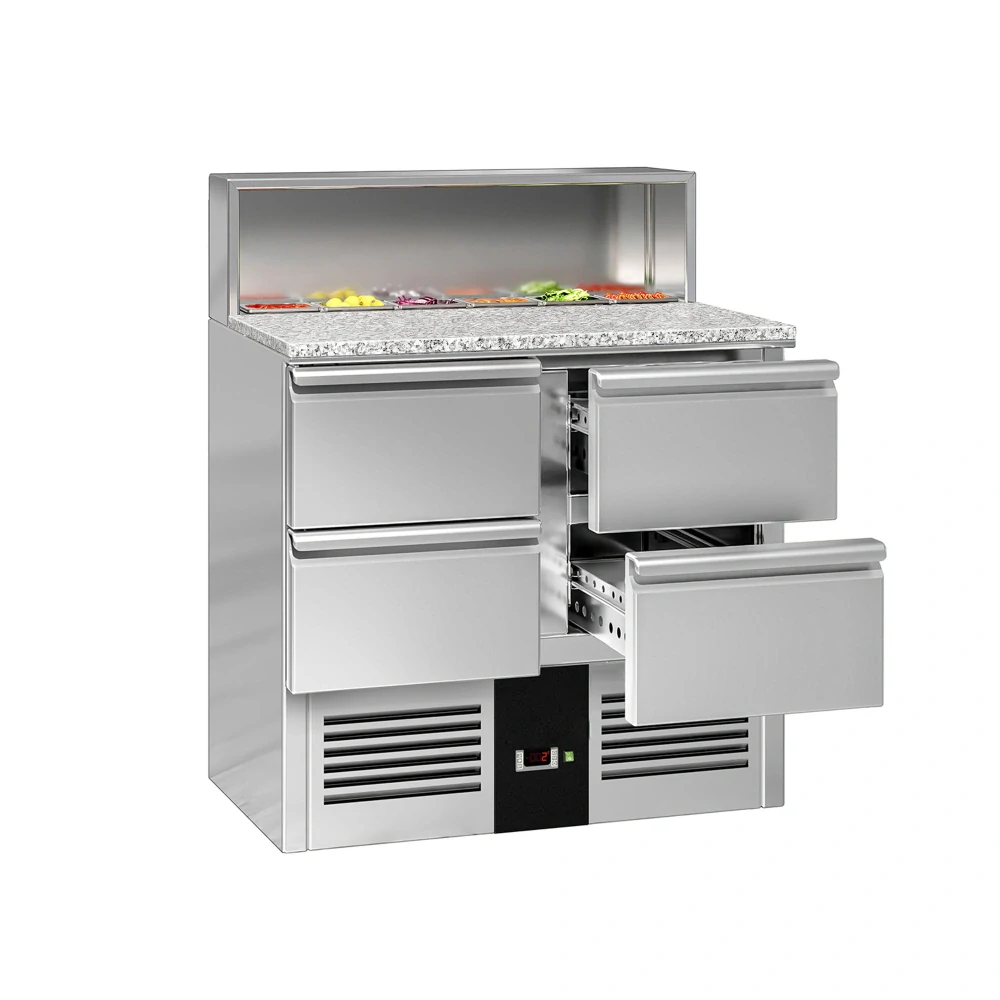 ** Obrázek se může mírně lišit od originálu. Saladeta PREMIUM - 903 mm - 4 zásuvky - s nerezovým krytem pro 5x GN 1/6 - žulová pracovní deska - pro CZ