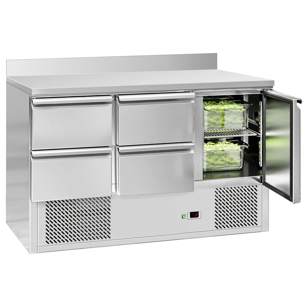 Chladicí stůl ECO - 1370x700 mm - s 1 dveřmi - 4 zásuvkami - se zadní lištou