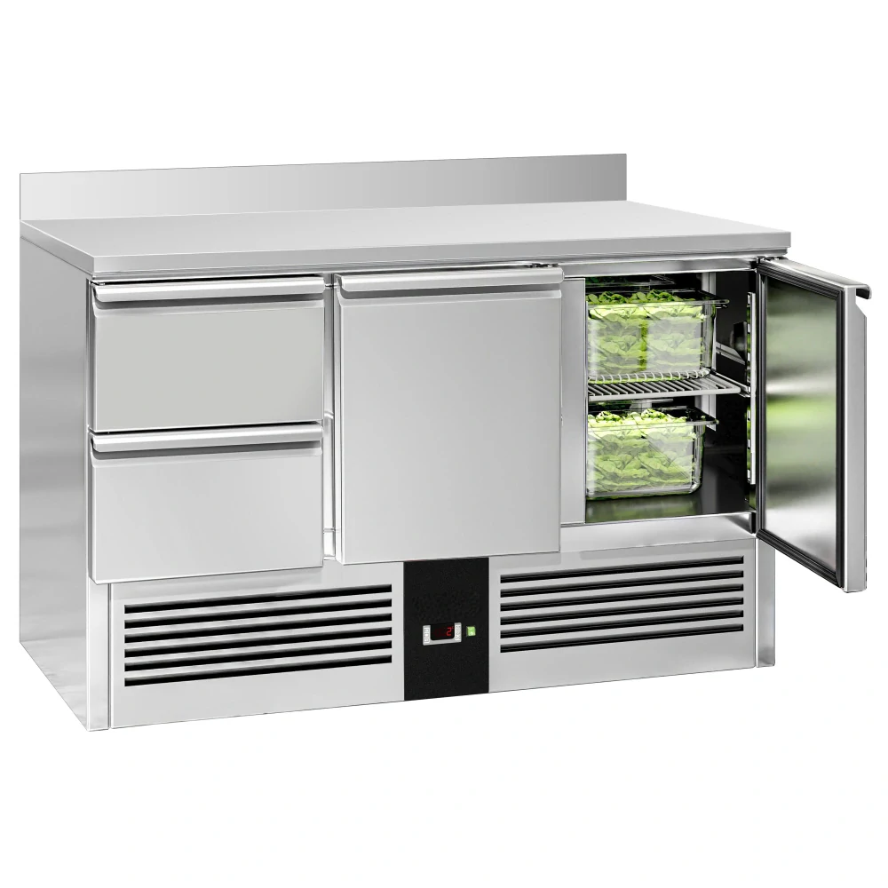 Chladicí stůl PREMIUM - 1370x700 mm - 2 dveře, 2 zásuvky - zadní lišta