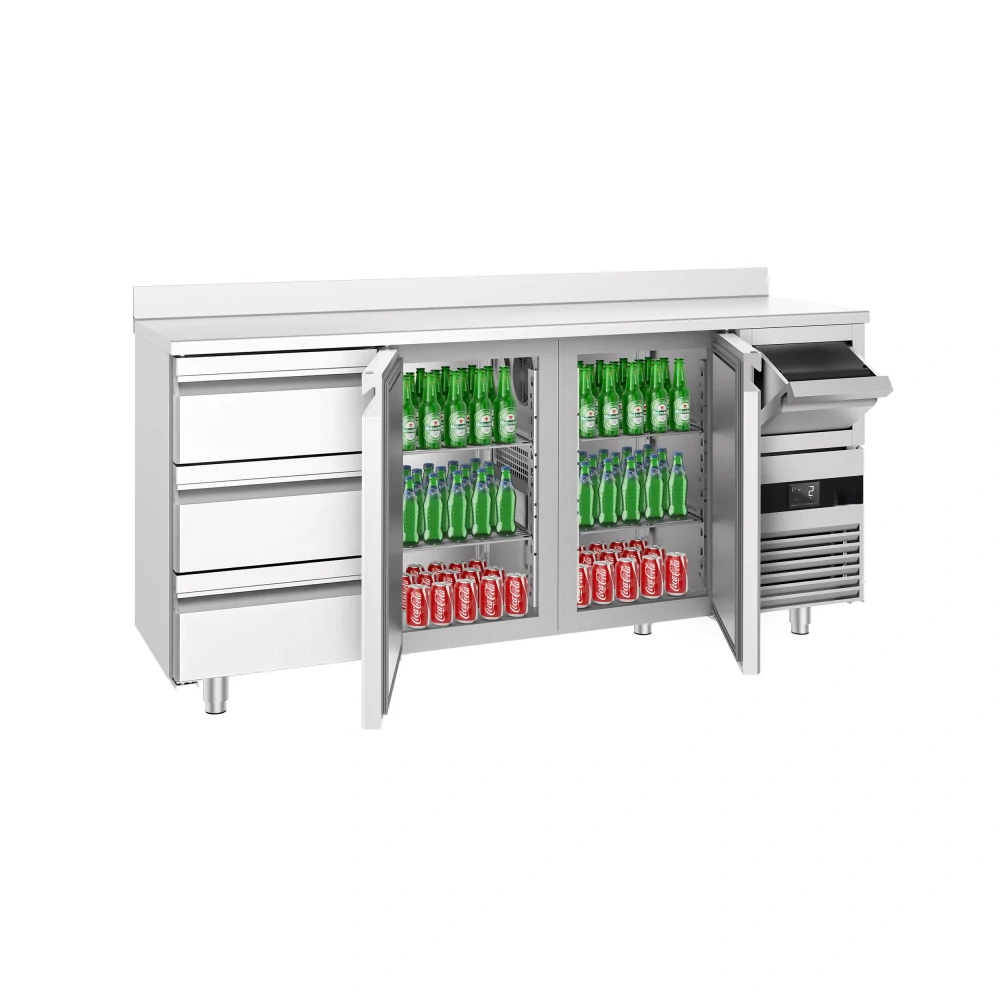 Barový chladicí stůl PREMIUM - 2135x600 mm - se 2 dveřmi, 3 zásuvkami, zadní lištou & vyklepávačem na kávu