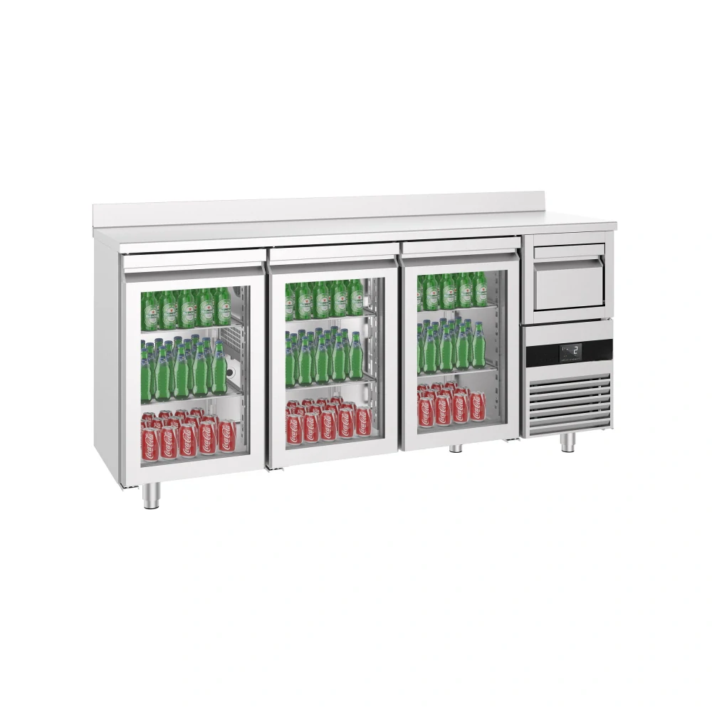 Barový chladicí stůl PREMIUM - 2135x600 mm - se 3 dveřmi, zadní lištou & odklepávačem na kávu