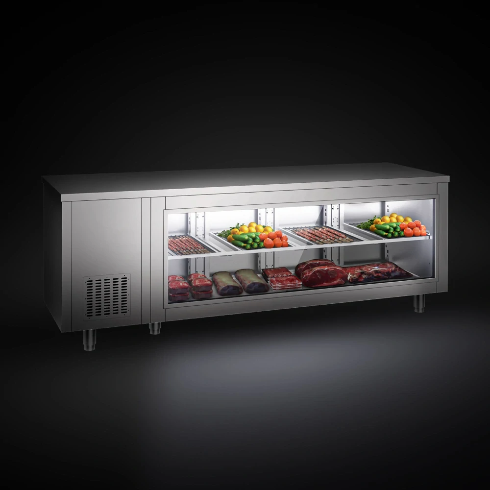 Chladicí stůl - 2330x700x850 mm - 632 l - se skleněným čelem - s 4 dveřmi