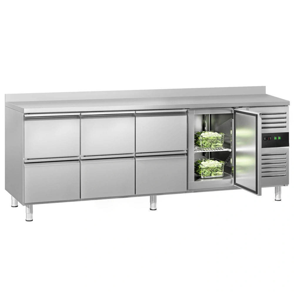 Chladicí stůl ECO - 2230x700 mm - s 1 dveřmi - s 6 zásuvkami - se zadní lištou