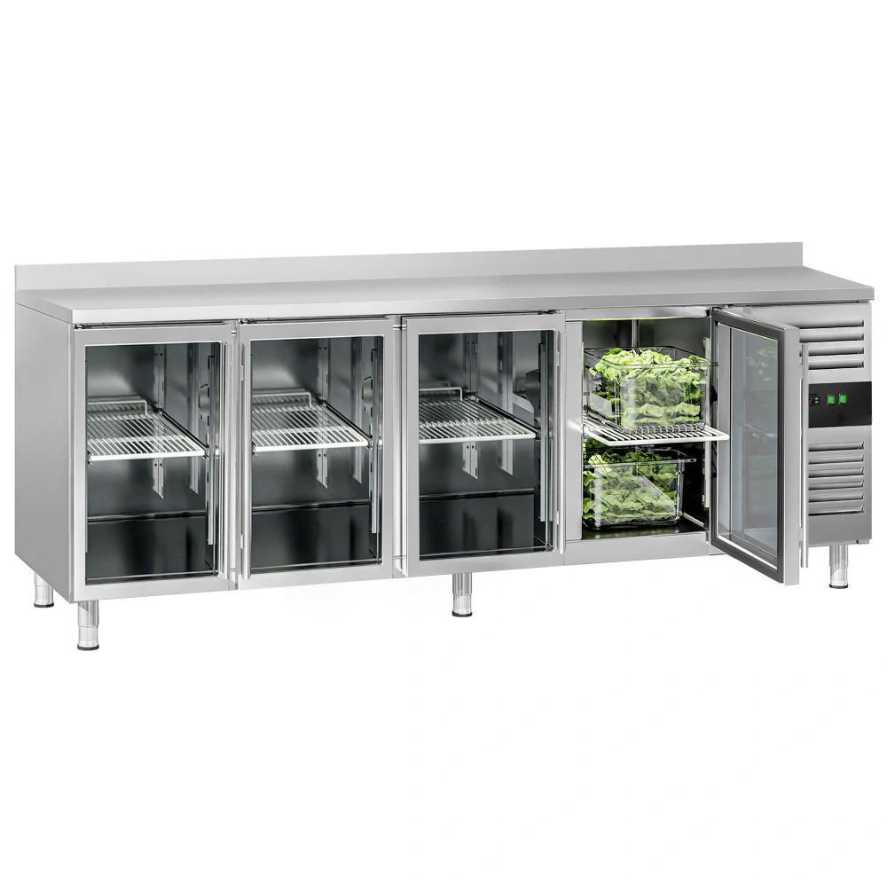 Chladicí stůl ECO - 2230x700 mm - se 4 skleněnými dveřmi - zadní lištou