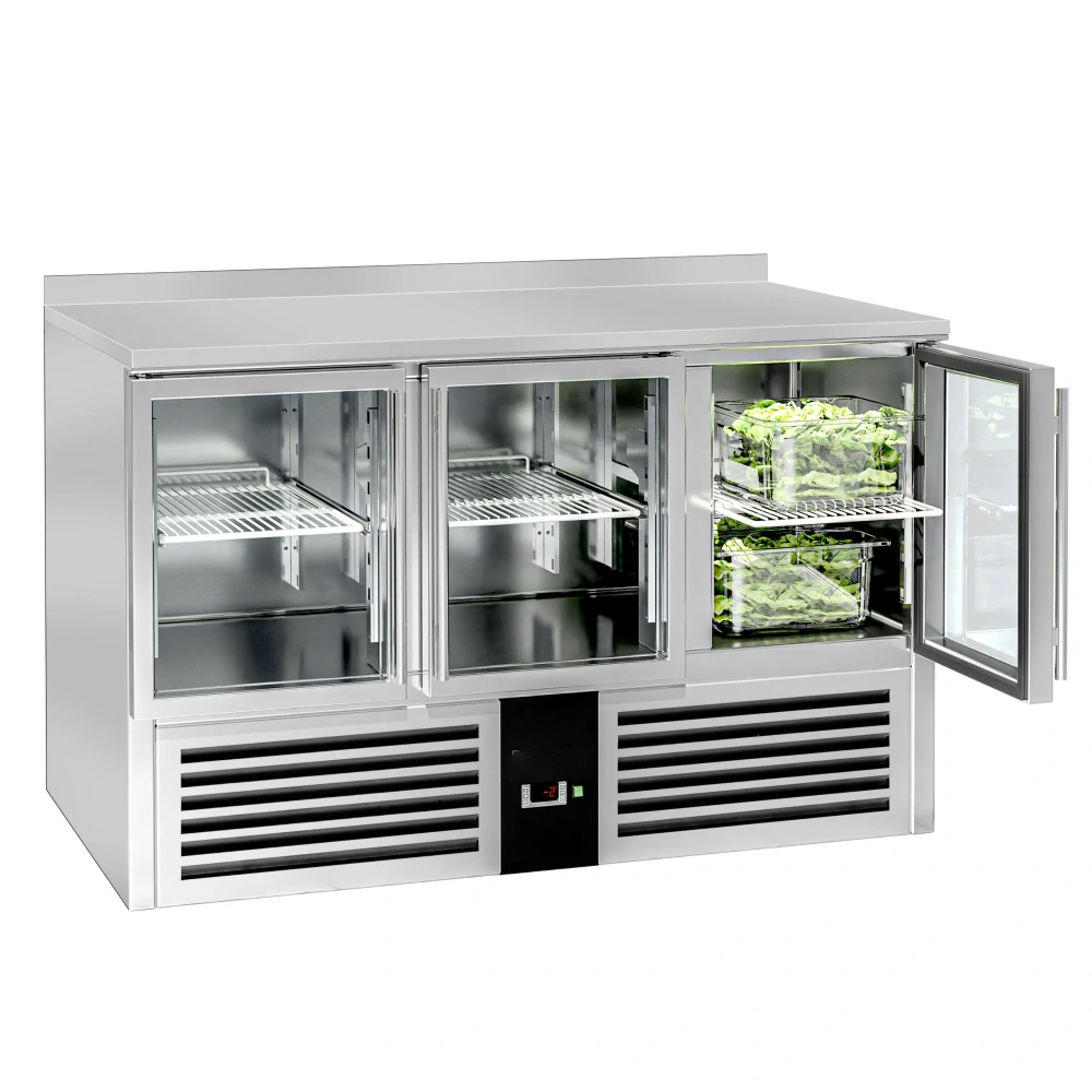 Chladicí stůl PREMIUM - 1370x700 mm - 3 skleněné dveře - zadní lišta
