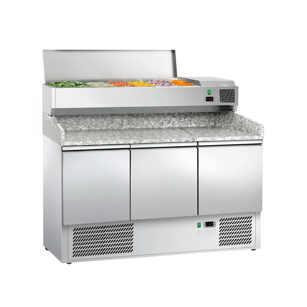 Chladicí stůl na pizzu ECO - 1400x700 mm - se 3 dveřmi - se žulovou pracovní deskou - vč. chladicí nástavbové vitríny - 6x GN 1/4