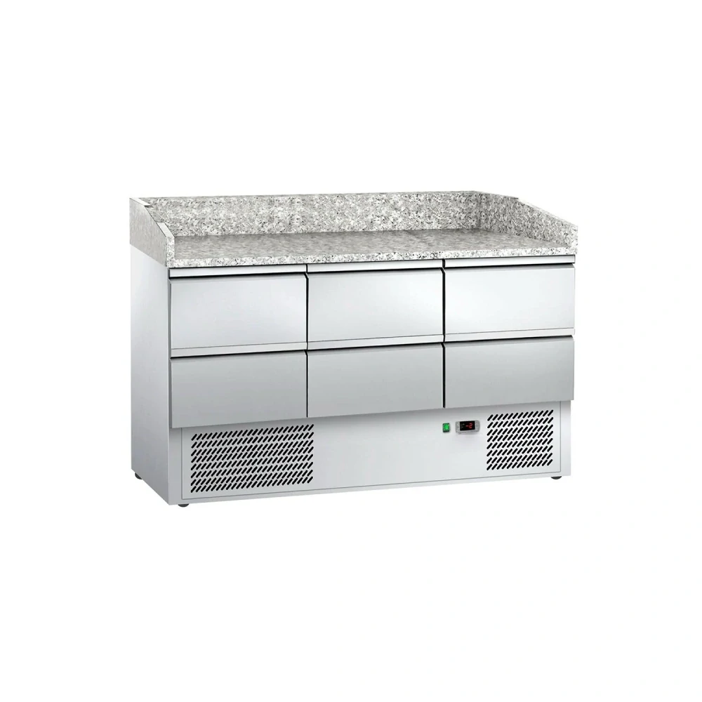 Chladicí stůl na pizzu ECO - 1400x700 mm - se 3 dveřmi a 6 zásuvkami - se žulovou pracovní deskou