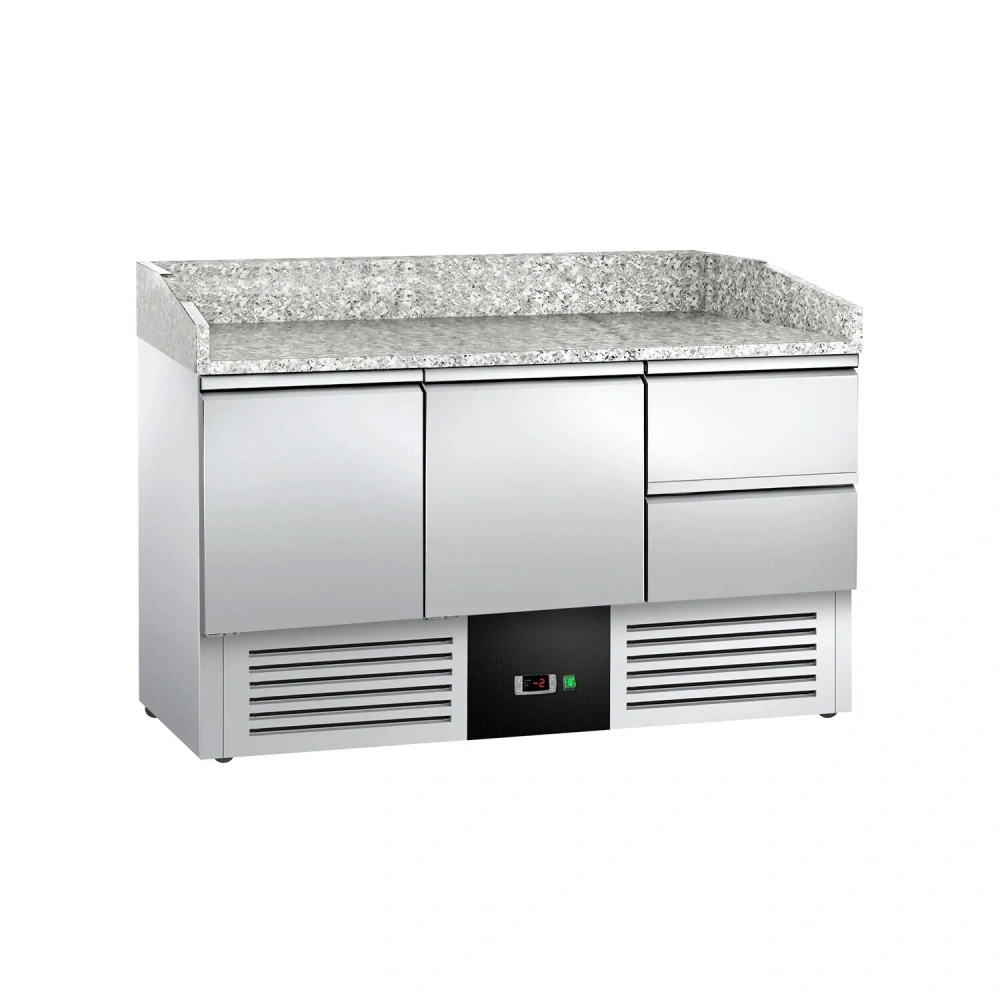 Chladicí stůl na pizzu PREMIUM - 1400x700 mm - se 2 dveřmi a 2 zásuvkami - se žulovou pracovní deskou