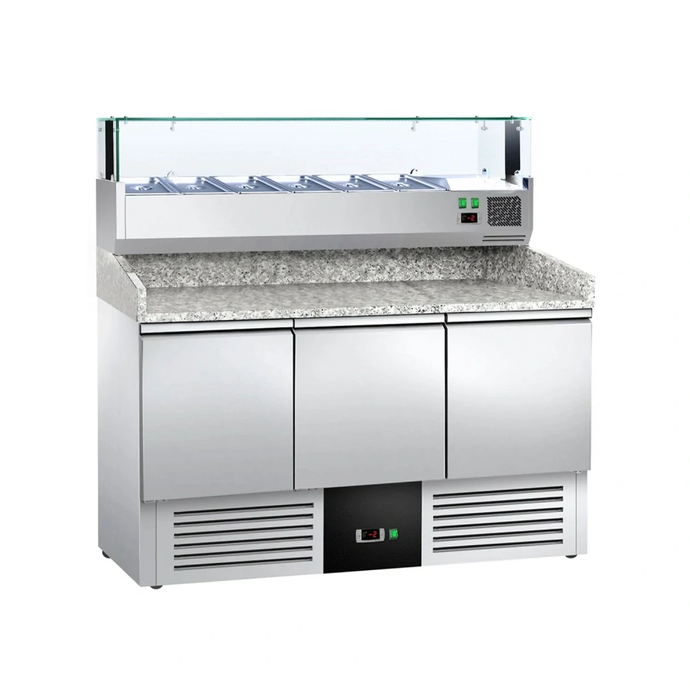 Chladicí stůl na pizzu PREMIUM - 1400x700 mm - se 3 dveřmi - se žulovou pracovní deskou - vč. chladicí nástavbové vitríny s LED osvětlením - 6x GN 1/4