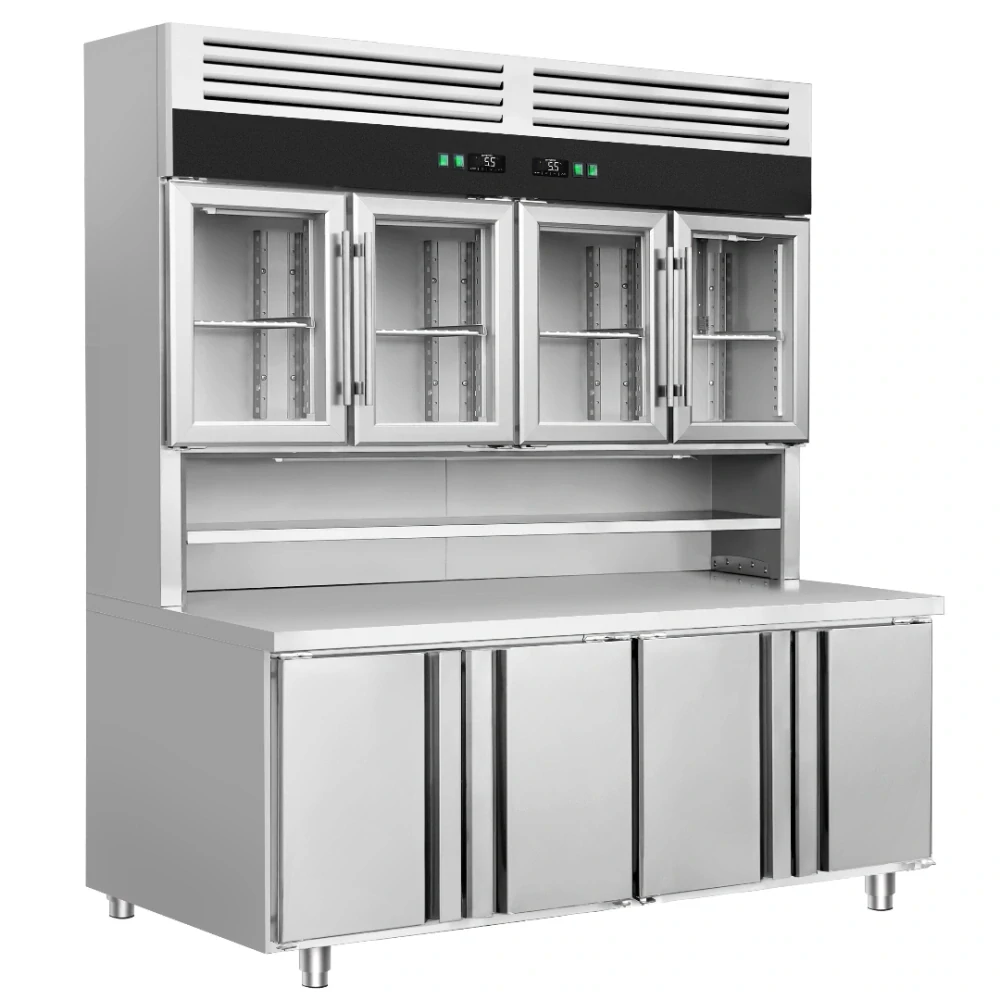 Chladicí stůl s přístěnným chladicím regálem - 1800x800x2100 mm - Dvojité zasklení - s 4 skleněnými dveřmi - s 4 dveřmi - pracovní deska
