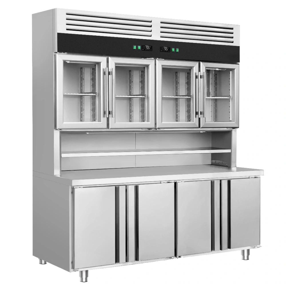 Chladicí stůl s přístěnným chladicím regálem - 1800x700x2100 mm - 655 l - Dvojité zasklení - s 4 skleněnými dveřmi - s 4 dveřmi - pracovní deska