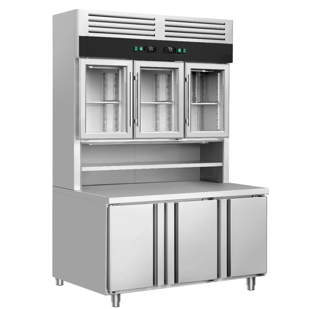 Chladicí stůl s přístěnným chladicím regálem - 1350x800x2100 mm - 520 l - s 3 skleněnými dveřmi - s 3 dveřmi - Dvojité zasklení - pracovní deska