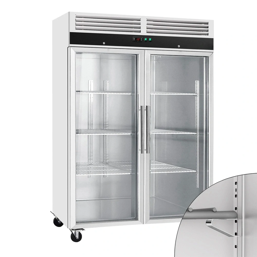Nerezová mrazicí skříň ECO - GN 2/1 - 1480 mm - 864 l - až -22 °C - s 2 skleněné dveře - Digitální termostat; Vyhřívaný rám; Ventilované chlazení; Automatické odmrazování