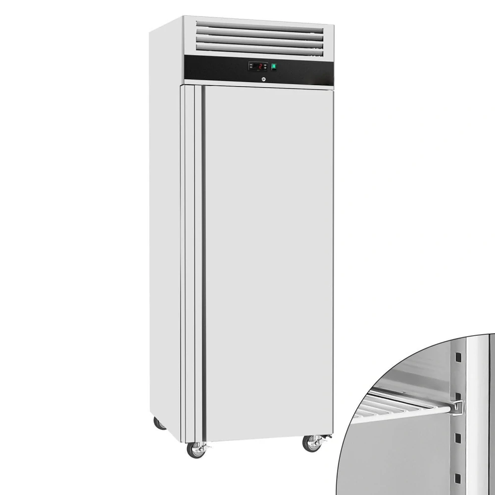 Nerezová mrazicí skříň ECO - GN 2/1 - 740 mm - 440 l - až -22 °C - s 1 dveře - Digitální termostat; Uzamykatelné dveře; Samozavírací dveře; Ventilované chlazení; Automatické odmrazování; Kolečka
