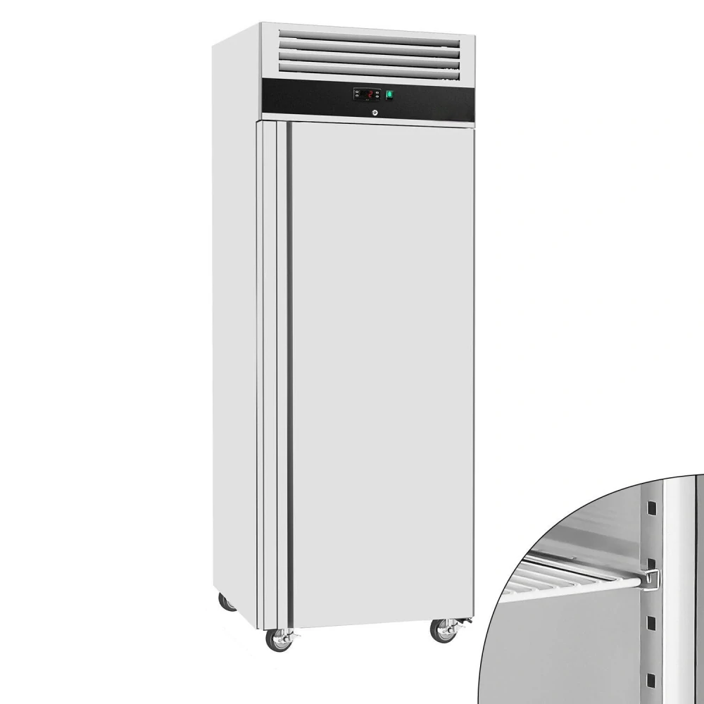 Nerezová mrazicí skříň ECO - GN 2/1 - 740 mm - 352 l - až -22 °C - s 1 dveře - Digitální termostat; Uzamykatelné dveře; Samozavírací dveře; Ventilované chlazení; Automatické odmrazování; Kolečka - Černá fronta