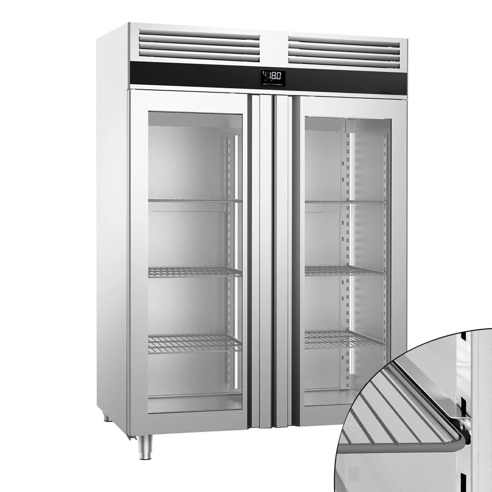 Nerezová mrazicí skříň PREMIUM - GN 2/1 - 1 400 l - až -20 °C - s 2 skleněné dveře - Digitální termostat; Samozavírací dveře; Ventilované chlazení; Automatické odmrazování