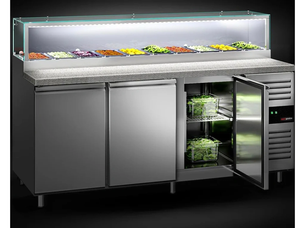 Saladeta PREMIUM - 2020 mm - 3 dveře - se skleněným nástavcem pro 10x GN 1/3 & 1 police - žulová pracovní deska