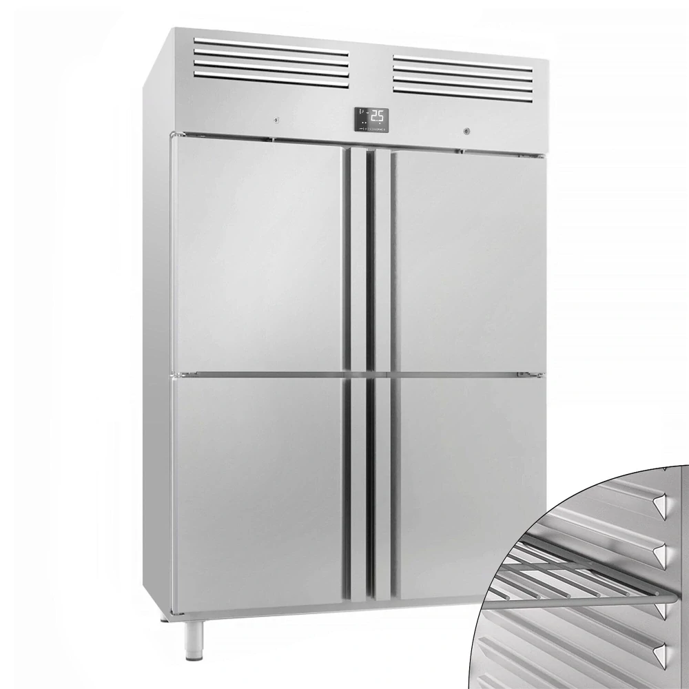 Nerezová chladicí skříň PREMIUM PLUS - GN 2/1 - 1385 mm - 1240 l - až +8 °C - s 4 poloviční dveře - Digitální termostat; Samozavírací dveře;…
