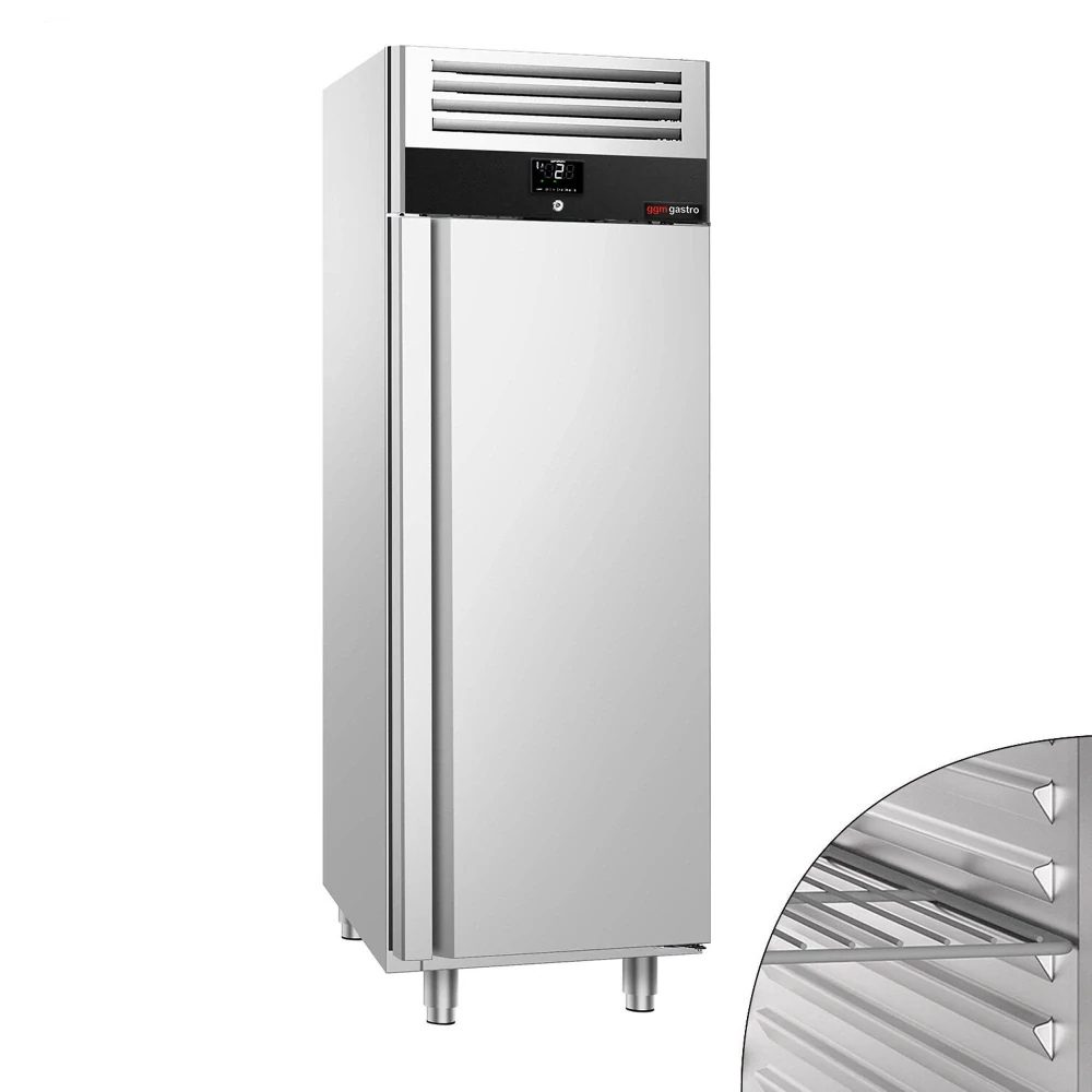 Nerezová chladicí skříň PREMIUM - GN 2/1 - 686 mm - 500 l - až +10 °C - s 1 dveře - Digitální termostat; LED osvětlení; Ventilované chlazení;…
