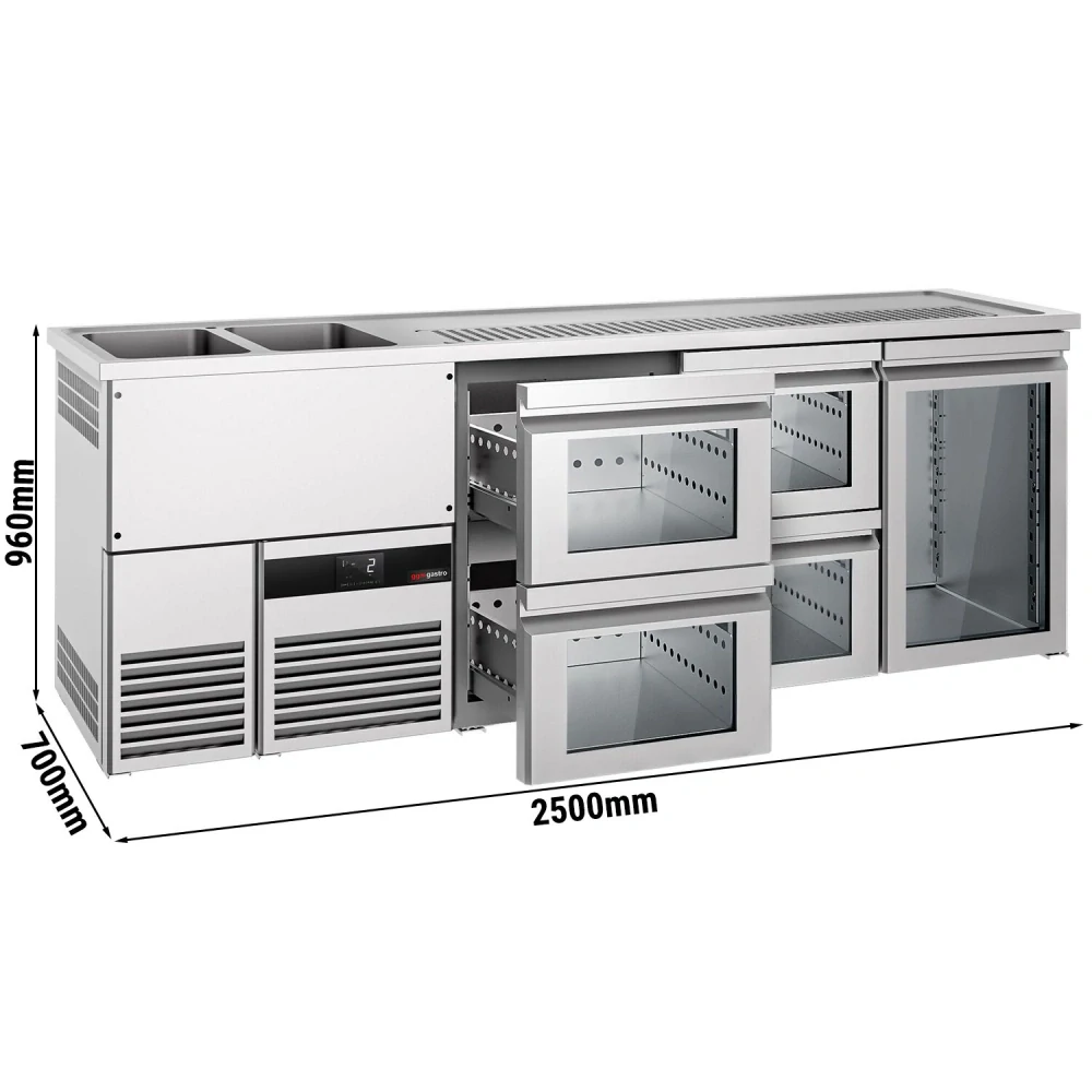 Výčepní pult PREMIUM - 2500x700 mm - 1 skleněné dveře & 4 skleněné zásuvky