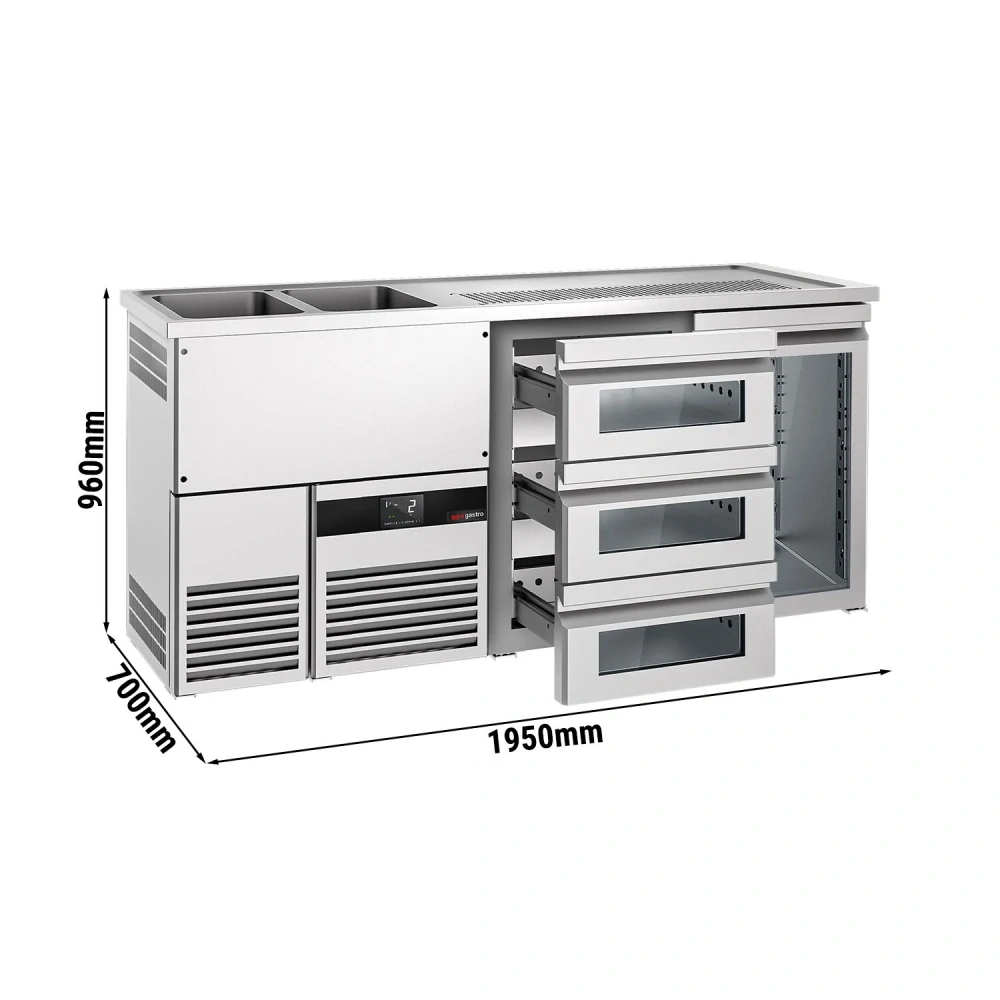 Výčepní pult PREMIUM - 1950x700 mm - 1 skleněné dveře & 3 skleněné zásuvky