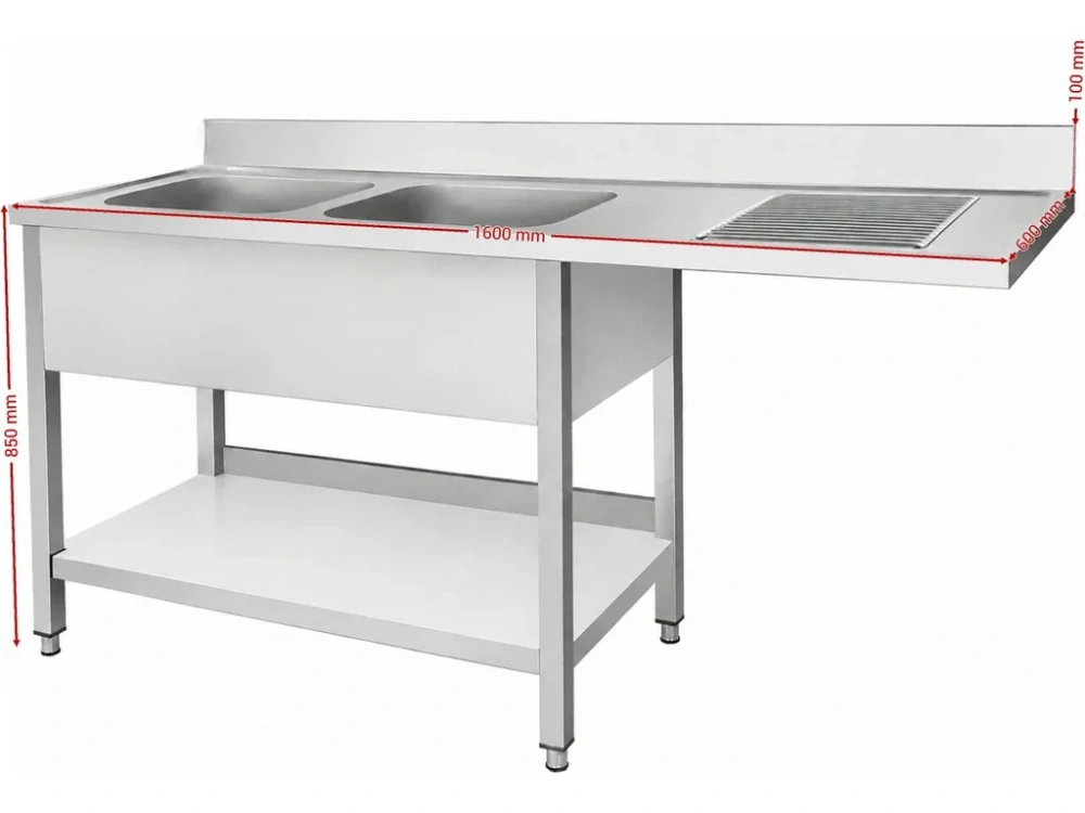 Nerezový dřez k myčce nádobí - 1,6 m, 2 umyvadla vlevo, hloubka 60 cm