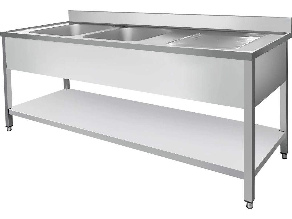 Nerezový dvojdřez vlevo s odkapávací plochou a policí 200x70x87cm 