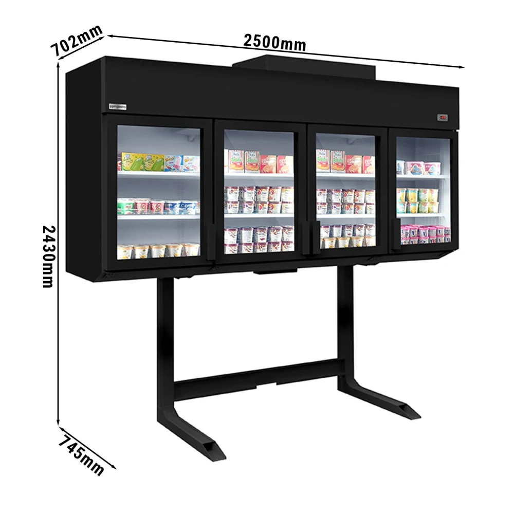 Přístěnný chladicí / mrazicí regál - 2 500 mm - 650 l - od −22 do 6 °C - s 4 skleněnými, s dvojitým zasklením & 6 policemi - černá