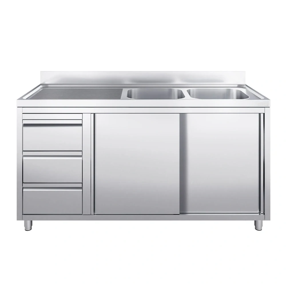 Nerezová gastro dřezová skříňka 2000×600 mm – 2 dřezy vpravo, 3 zásuvky, posuvné dveře