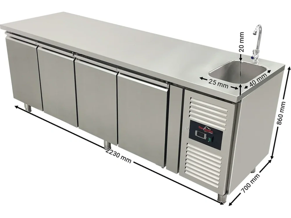 Mrazicí stůl - 2 230 x 700 mm - s dřezem a se 4 dvířky