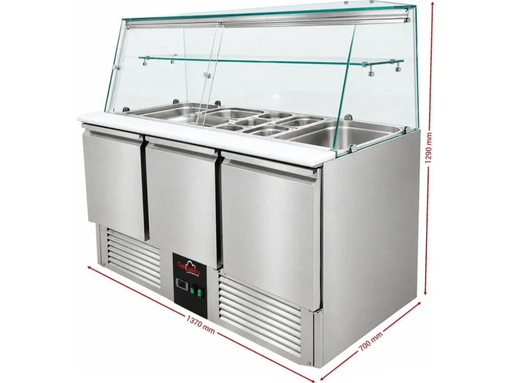 Chladící saladeta - 1 370 x 700 mm - se 3 dvířky a skleněnou nástavbou se světlem