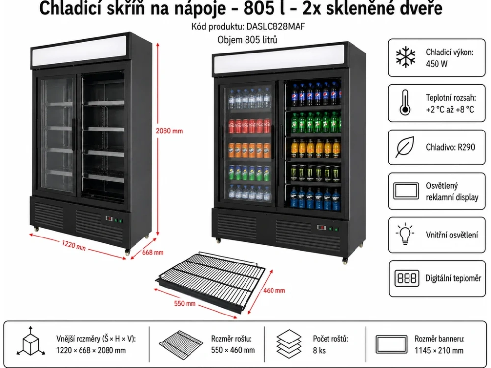 Chladicí skříň na nápoje - 805 litrů - 2x skleněné dveře - černá