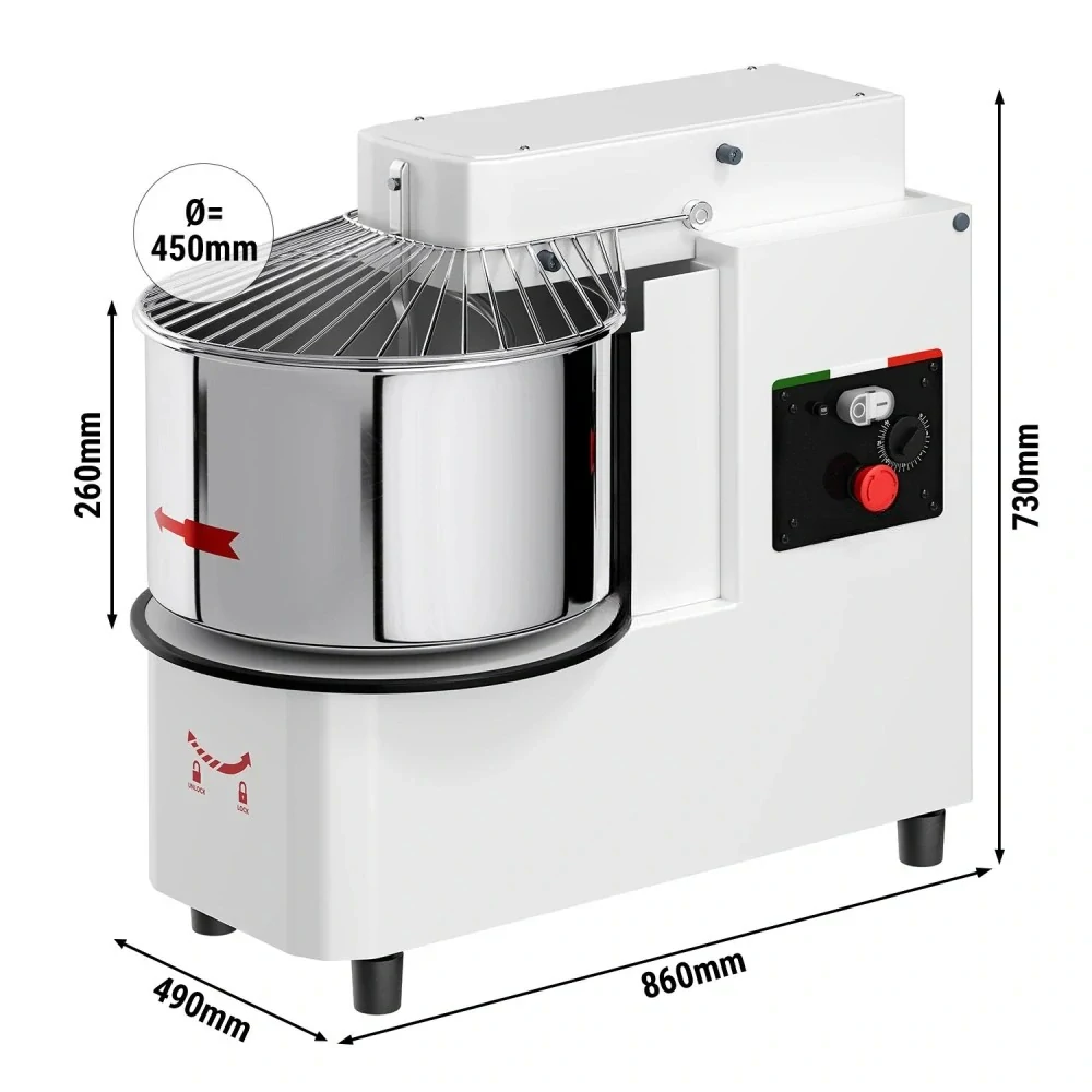 Hnětací stroj těsta - 42L / 38 kg - 1 rychlost - odnímatelný kotel a sklapovací míchadlo - funkce časovače