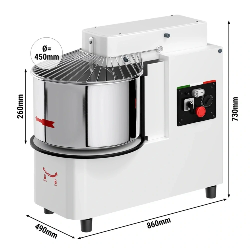 Hnětací stroj těsta - 42L / 38 kg - 2 rychlosti - odnímatelný kotel a sklapovací míchadlo - funkce časovače