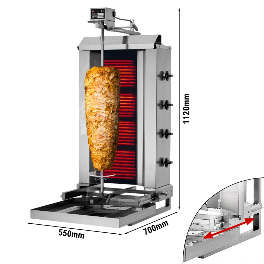 Gril na gyros/kebab - 4 hořáky (pohyblivé) - max. 60 kg - vč. křídlových dvířek