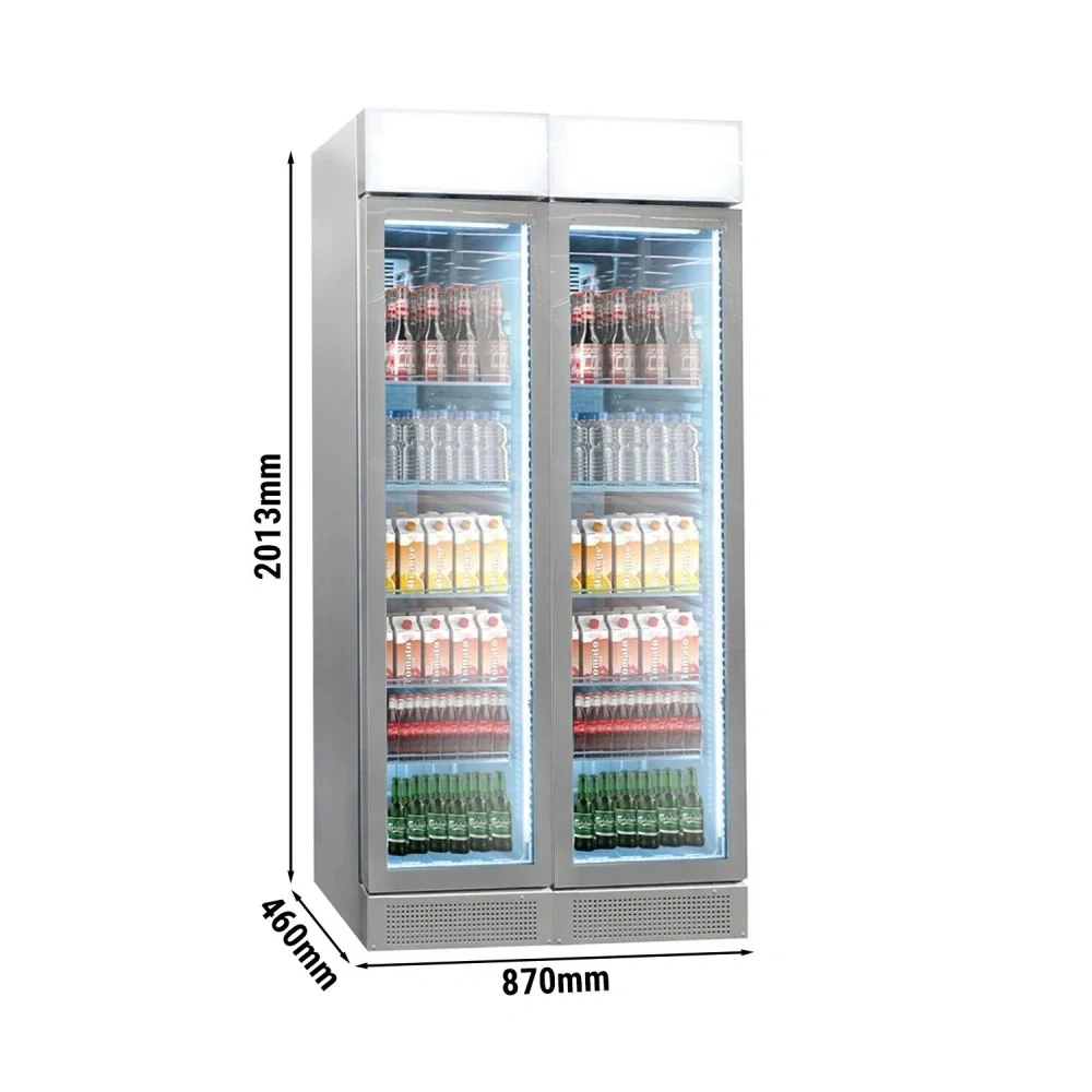(2 kusy) Komerční chladnička na nápoje PREMIUM – bezrámová – 290 l (kombinovaná) – 2 skleněné dveře a reklamní displej