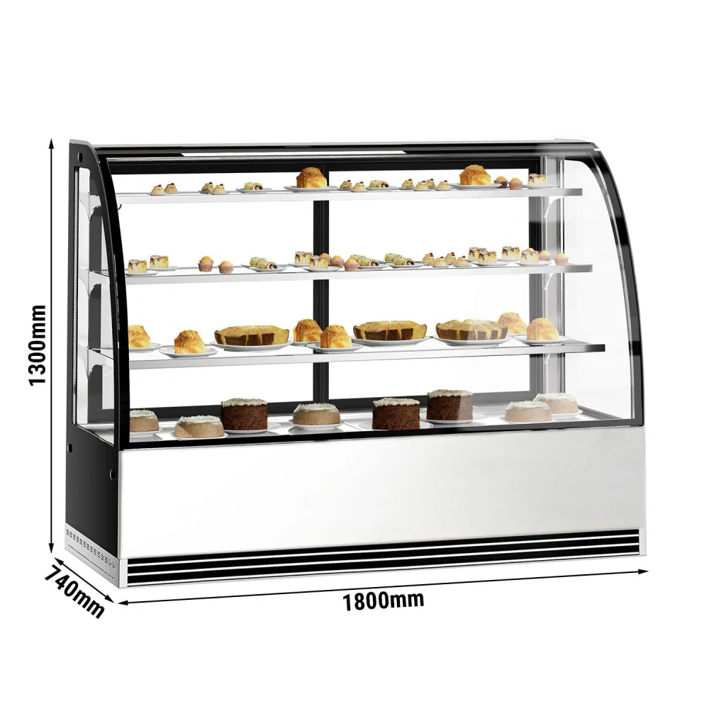 Cukrárenský pult Maxi - kulatá - obslužná - pro dorty - 633 l - 1 800 mm - 2 posuvné skleněné dveře - přední sklo kulaté - s 3 policemi
