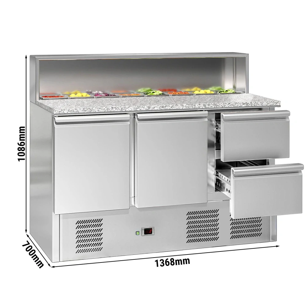 Saladeta ECO - 1368 mm - 2 dveře & 2 zásuvky - s nerezovým krytem pro 8x GN 1/6 - žulová pracovní deska
