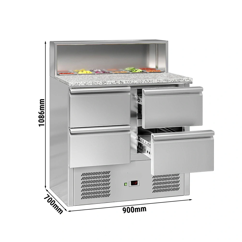 Saladeta ECO - 903 mm - 4 zásuvky - s nerezovým krytem pro 5x GN 1/6 - žulová pracovní deska - černá přední strana