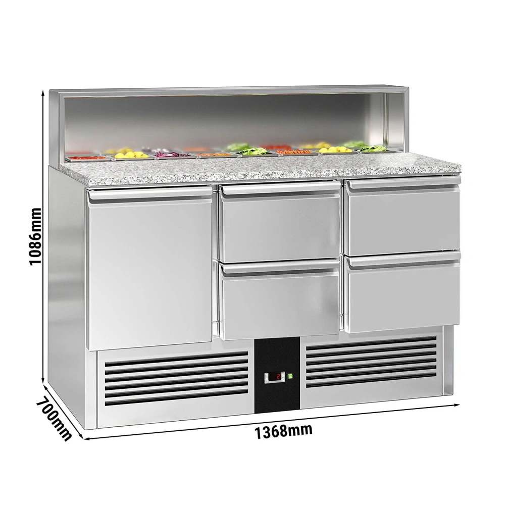 Saladeta PREMIUM - 1368 mm - 1 dveře & 4 zásuvky - s nerezovým krytem pro 8x GN 1/6 - žulová pracovní deska