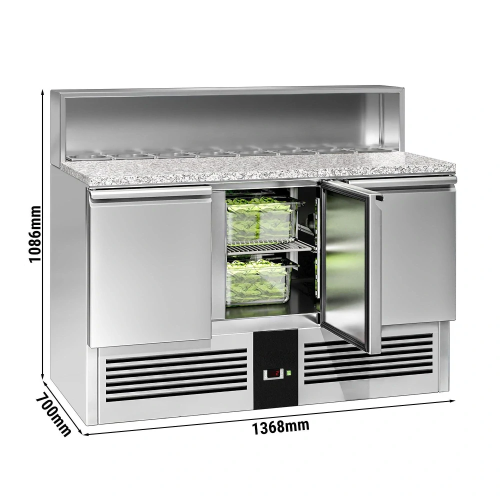 Saladeta PREMIUM - 1368 mm - 3 dveře - s nerezovým krytem pro 8x GN 1/6 - žulová pracovní deska
