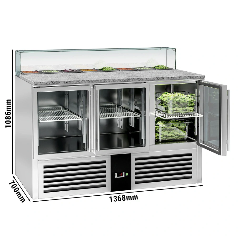 Saladeta PREMIUM - 1368 mm - 3 skleněné dveře - se skleněným nástavcem pro 8x GN 1/6 - pro CZ