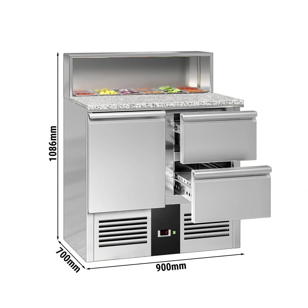 Saladeta PREMIUM - 903 mm - 1 dveře & 2 zásuvky - s nerezovým krytem pro 5x GN 1/6 - žulová pracovní deska