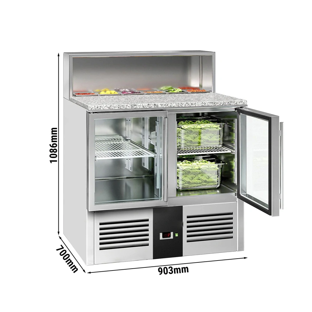 Saladeta PREMIUM - 903 mm - 2 skleněné dveře - s nerezovým krytem pro 5x GN 1/6 - žulová pracovní deska
