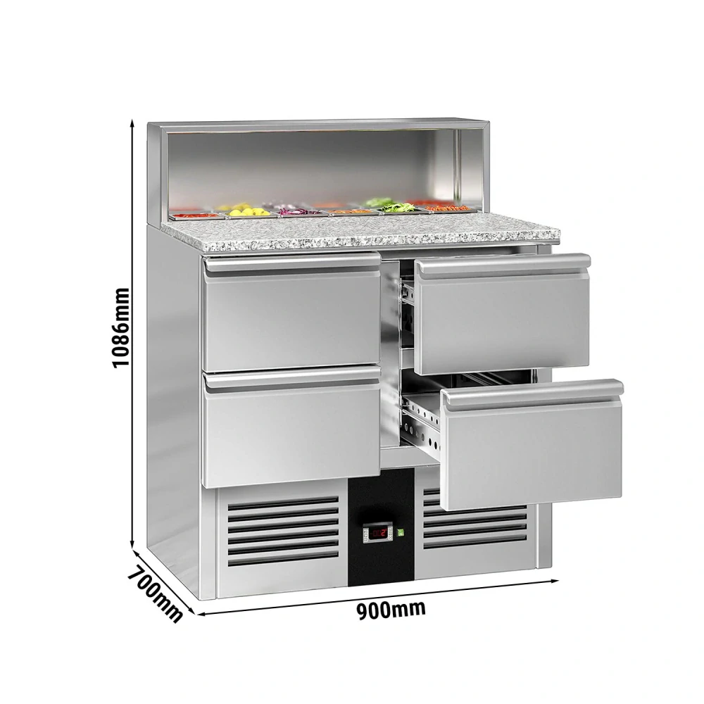 ** Obrázek se může mírně lišit od originálu. Saladeta PREMIUM - 903 mm - 4 zásuvky - s nerezovým krytem pro 5x GN 1/6 - žulová pracovní deska - pro CZ